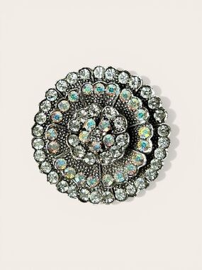 Crystal Floral Round Brooch Silver Tone
